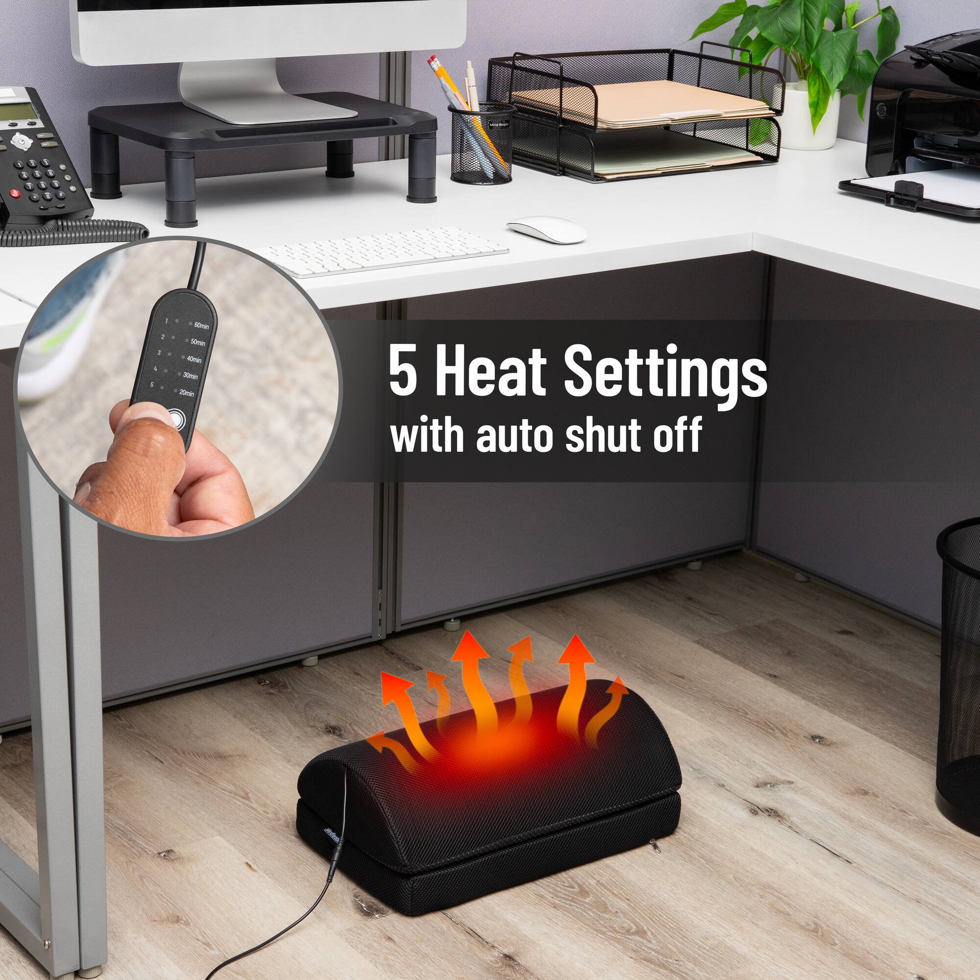 Mind Reader Heated Memory Foam Footrest, Under Desk Ergonomic Support with 4 Heat Settings, Timer & Auto Shut-Off, Adjustable Height, Black